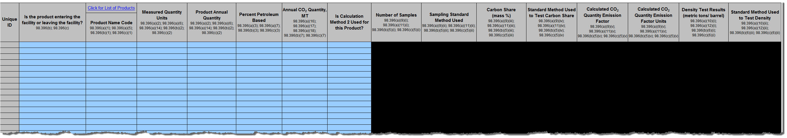 Complete one blue row for each product entering or leaving the facility